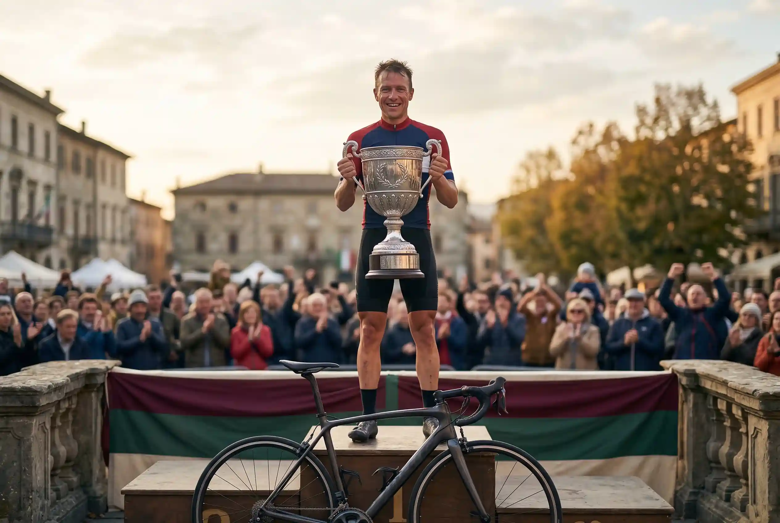 Vincitore di una Classica Monumento del ciclismo solleva il trofeo davanti al pubblico, bici da strada in primo piano