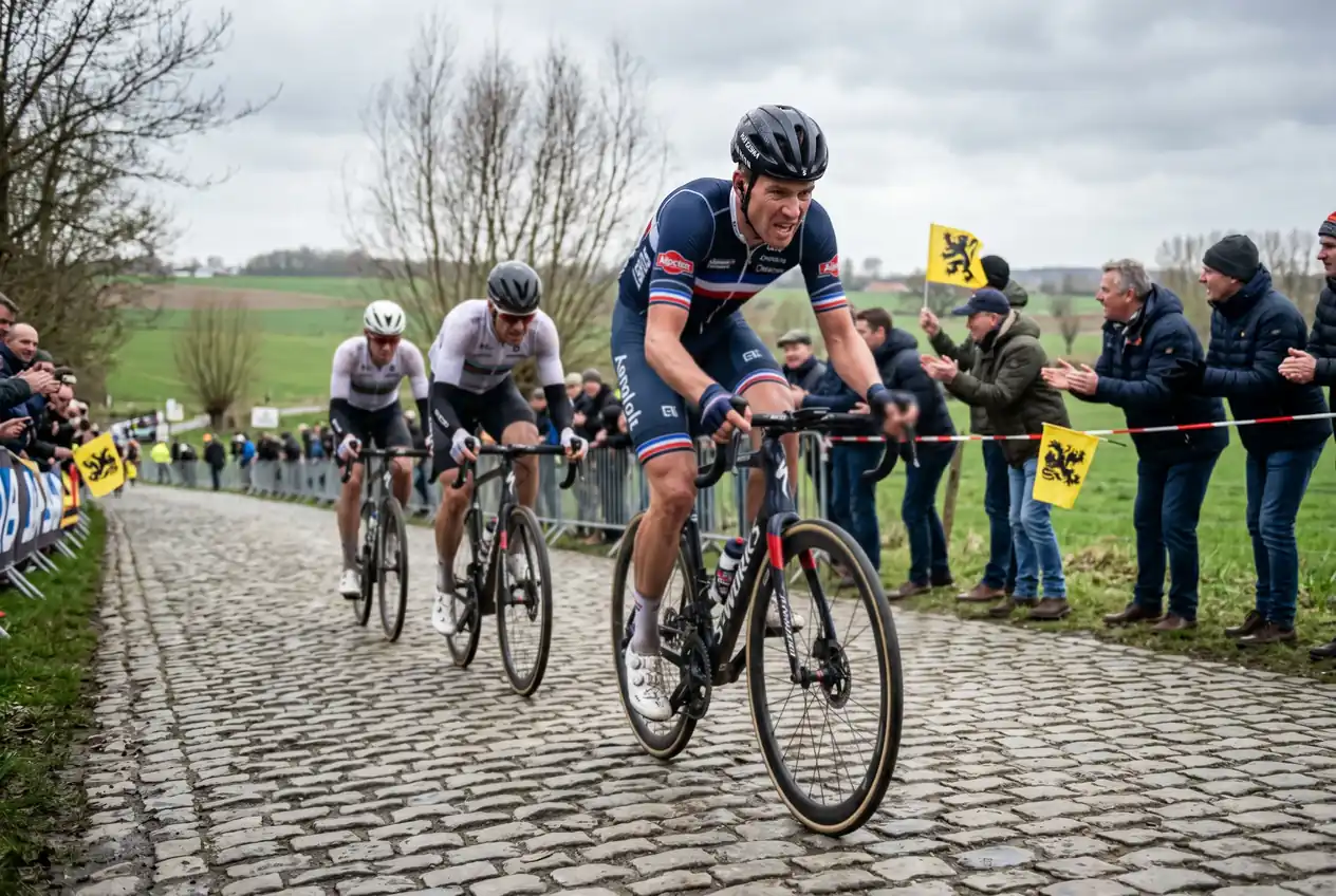Ciclisti professionisti in salita sul muro pavimentato dell'Oude Kwaremont durante il Giro delle Fiandre