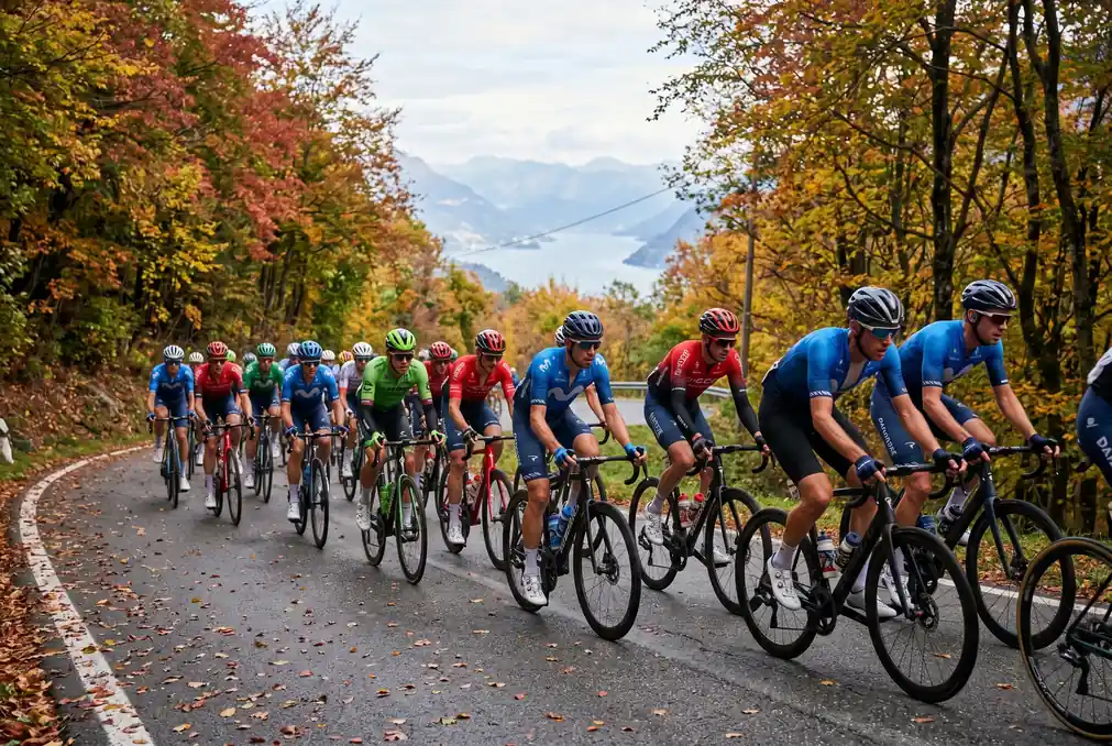Ciclisti professionisti in salita sul Ghisallo durante il Giro di Lombardia, foglie autunnali sul ciglio della strada