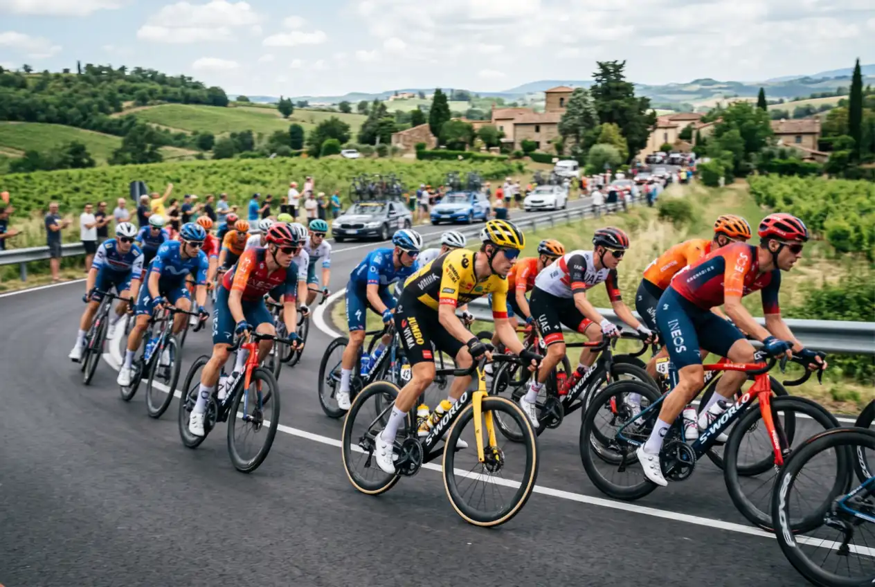 Gruppo compatto di ciclisti professionisti in corsa su una strada panoramica italiana