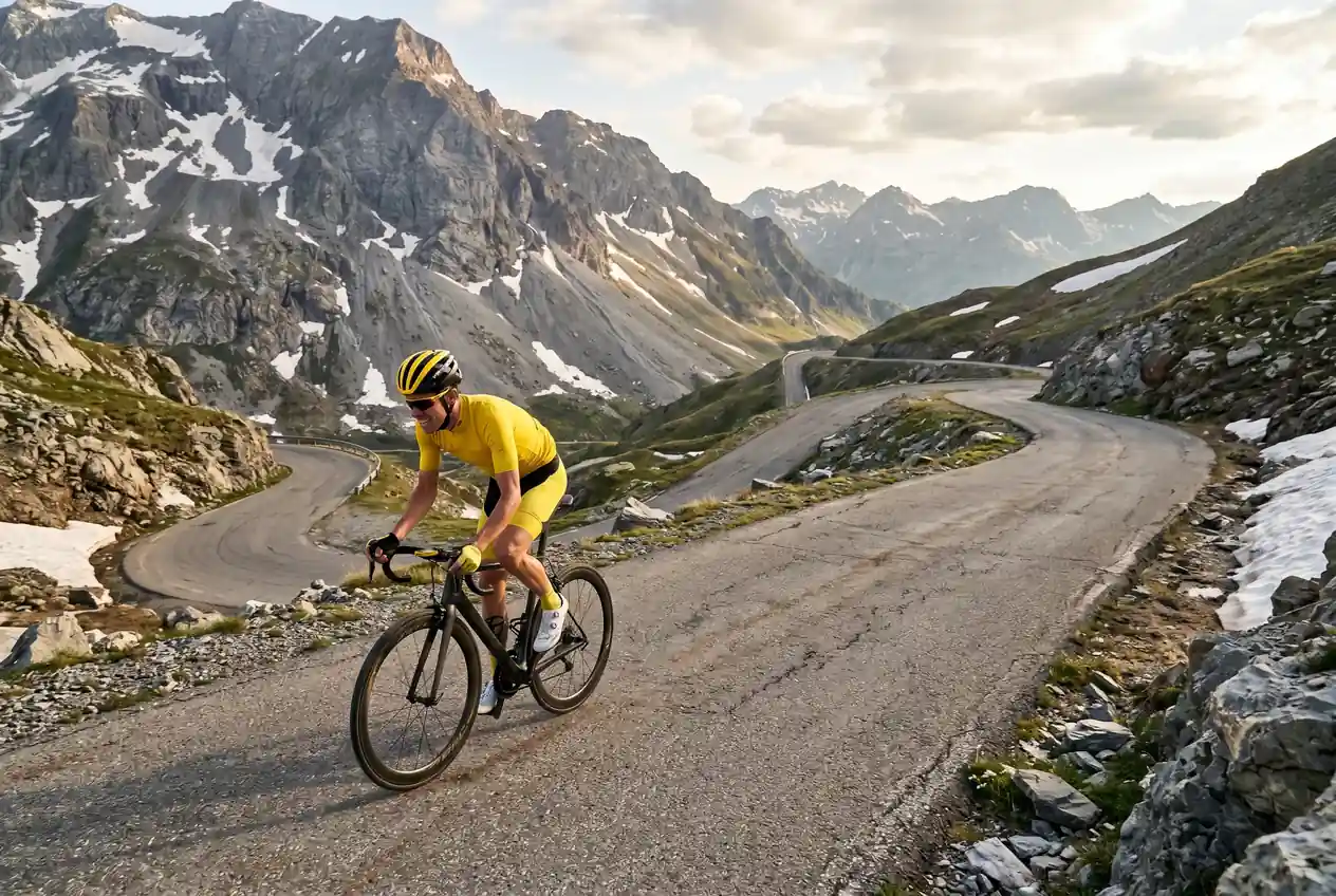 Ciclista in maglia gialla durante una tappa di montagna del Tour de France