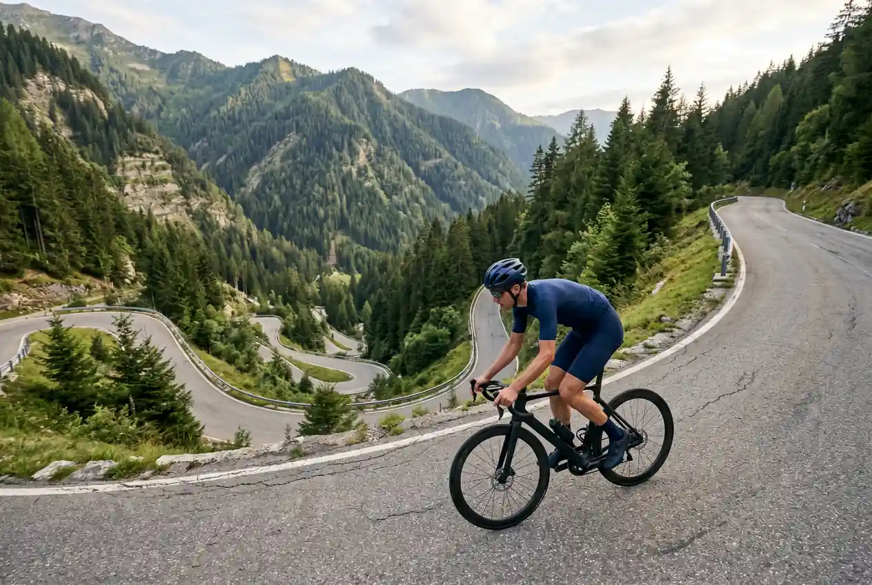 Ciclista in fuga sui tornanti di una salita alpina durante una corsa a tappe